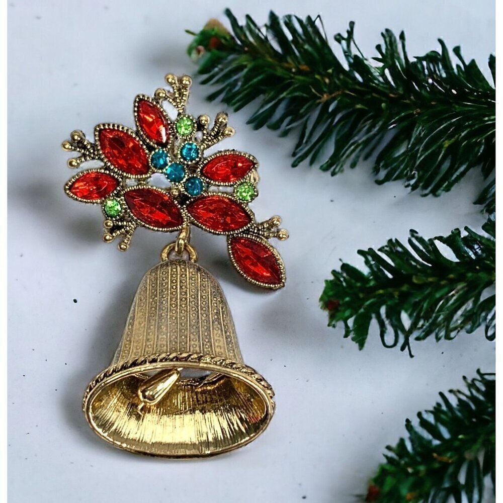 Monet 1990's Holiday Bell Bejeweled Christmas Brooch Pin Golf Tone Red Green 2"